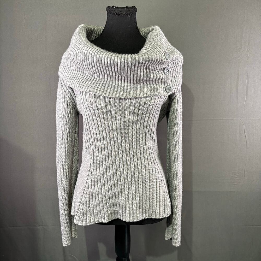 Paola Frani Sweater Women’s S Cowl Neck Knit Neutral Ribbed Italian Luxury Gray